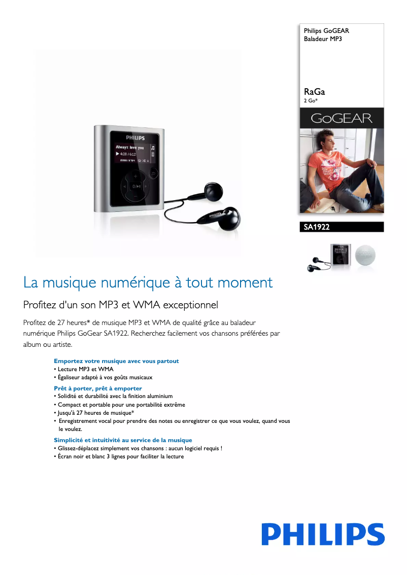 Page 1 de la notice Fiche technique Philips GoGear SA1922