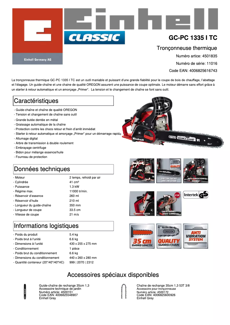 Page 1 de la notice Fiche technique Einhell GC-PC 1335 I TC