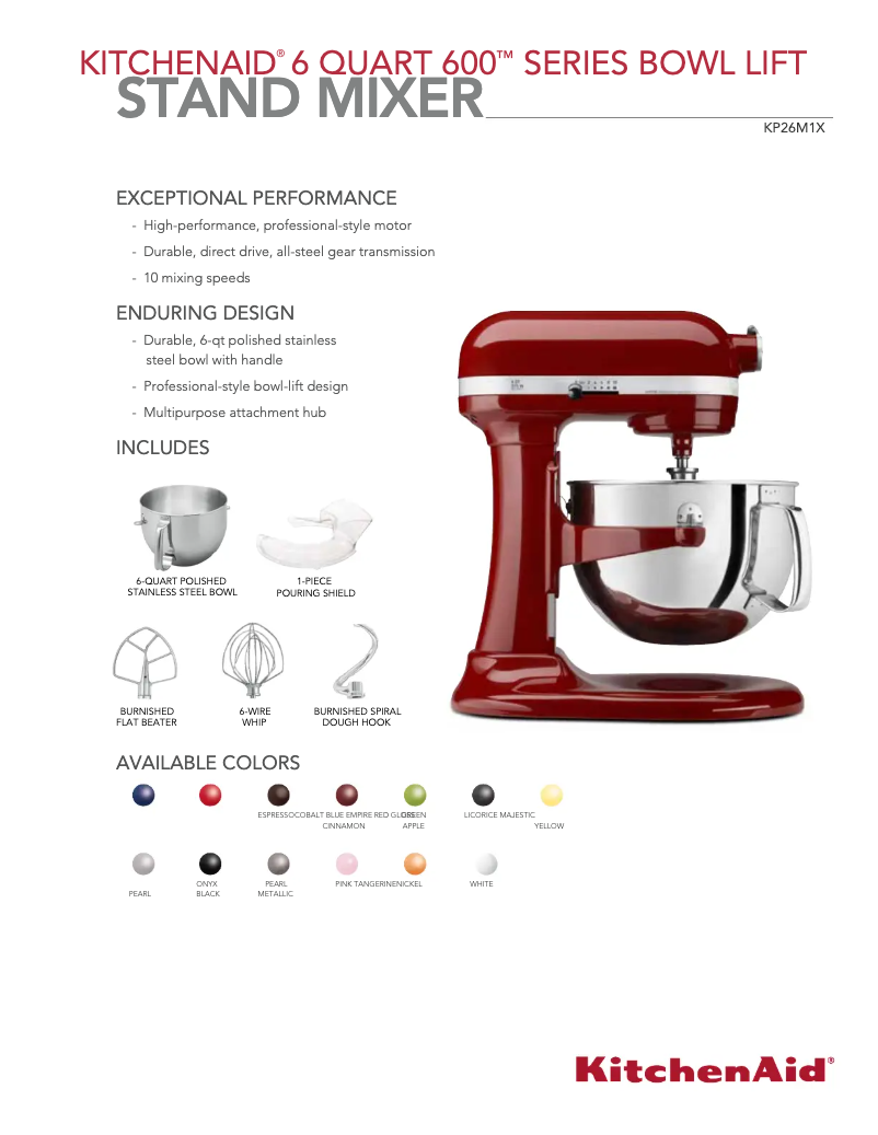 Página 1 del manual Ficha técnica KitchenAid KP26M1X