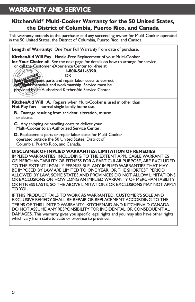 Page 1 de la notice Informations de garantie KitchenAid KMC4241CA
