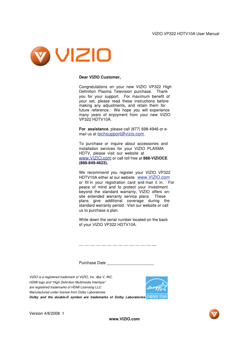 Page 1 de la notice Manuel utilisateur VIZIO VP322HDTV10A