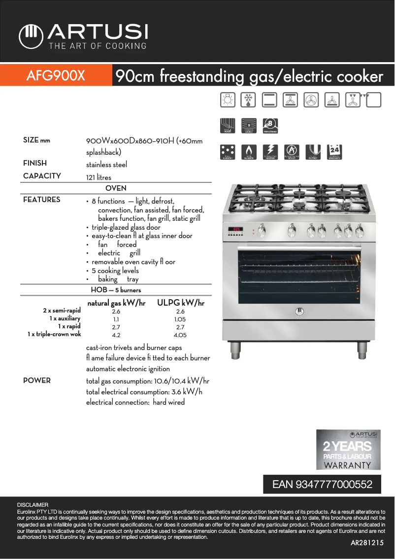 Page 1 de la notice Fiche technique Artusi AFG900X