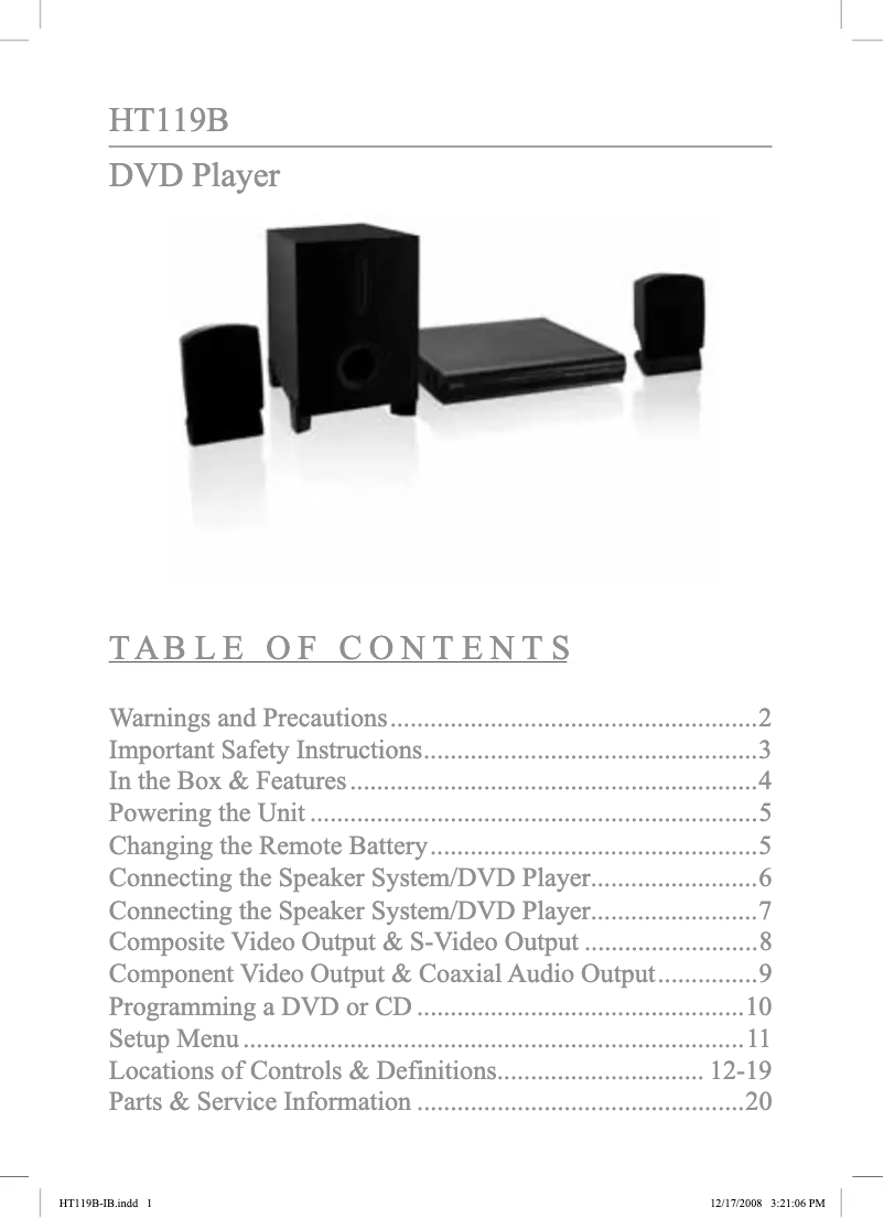Page n°1 - Manuel utilisateur GPX HT119B
