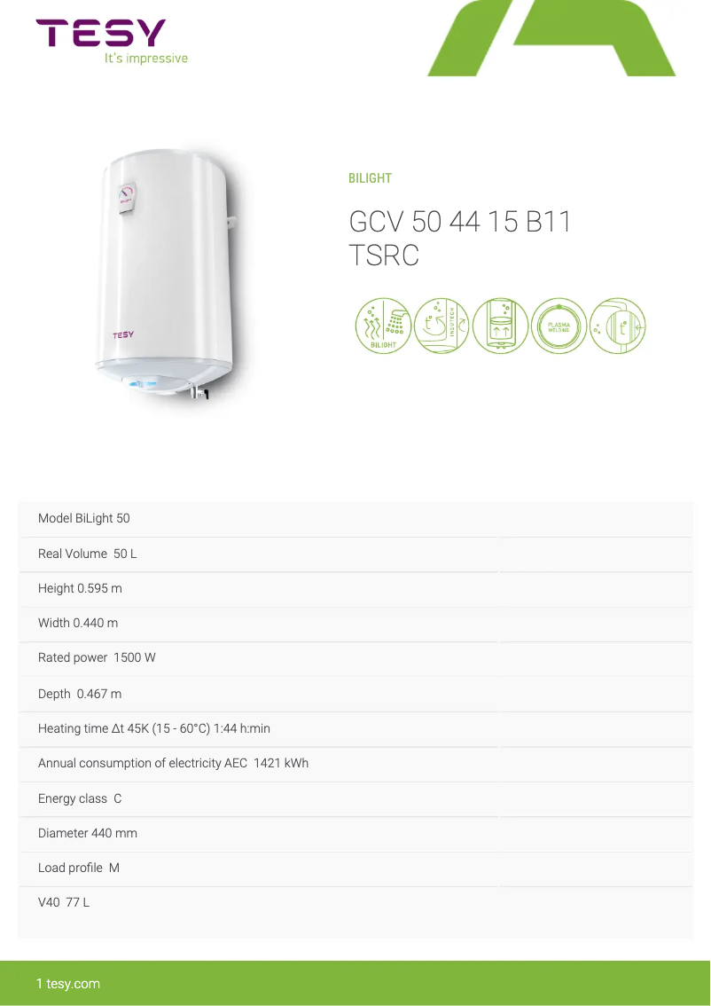 Página 1 del manual Ficha técnica Tesy BiLight 50