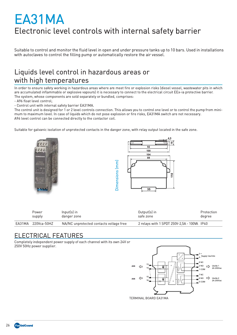 Page 1 de la notice Fiche technique Fantini Cosmi EA31MA