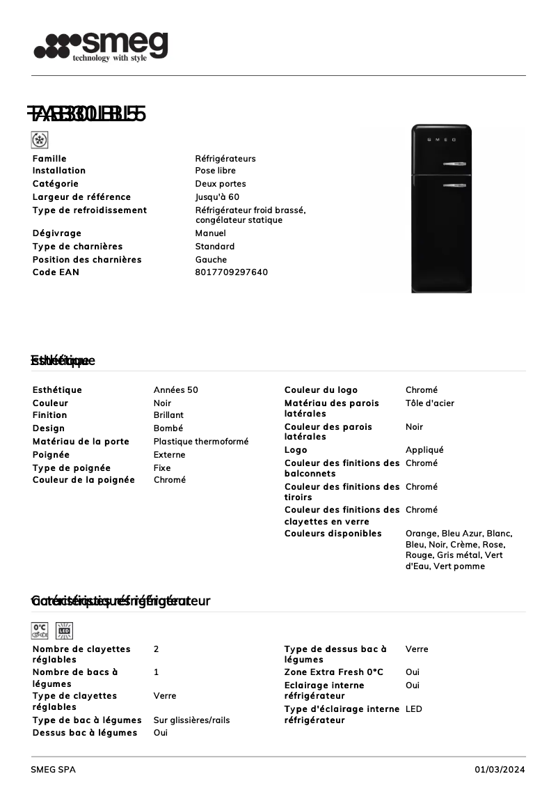 Page n°1 - Fiche technique Smeg FAB30LBL5