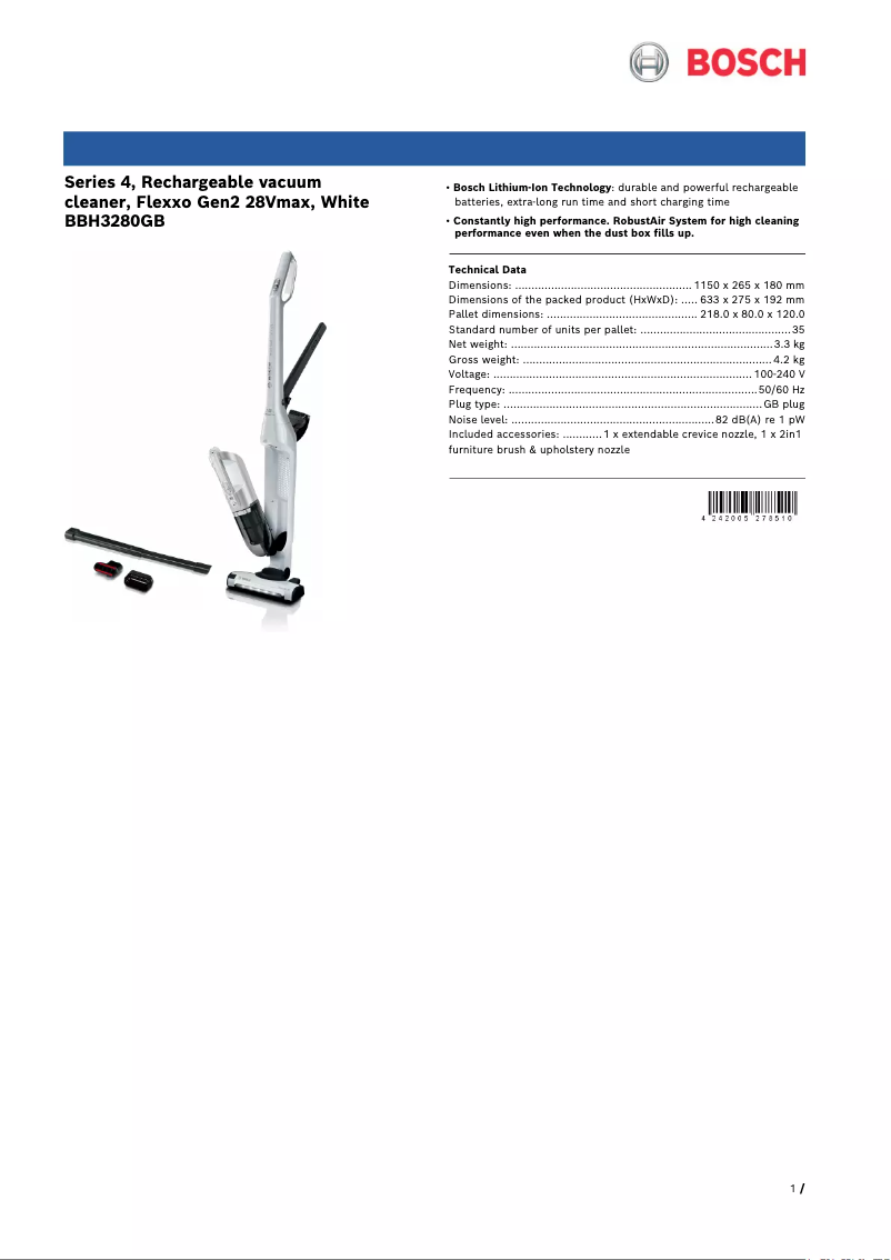 Page 1 de la notice Fiche technique Bosch BBH3280GB