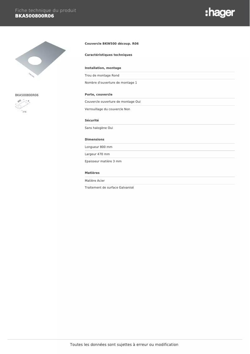 Page 1 de la notice Fiche technique Hager BKA500800R06
