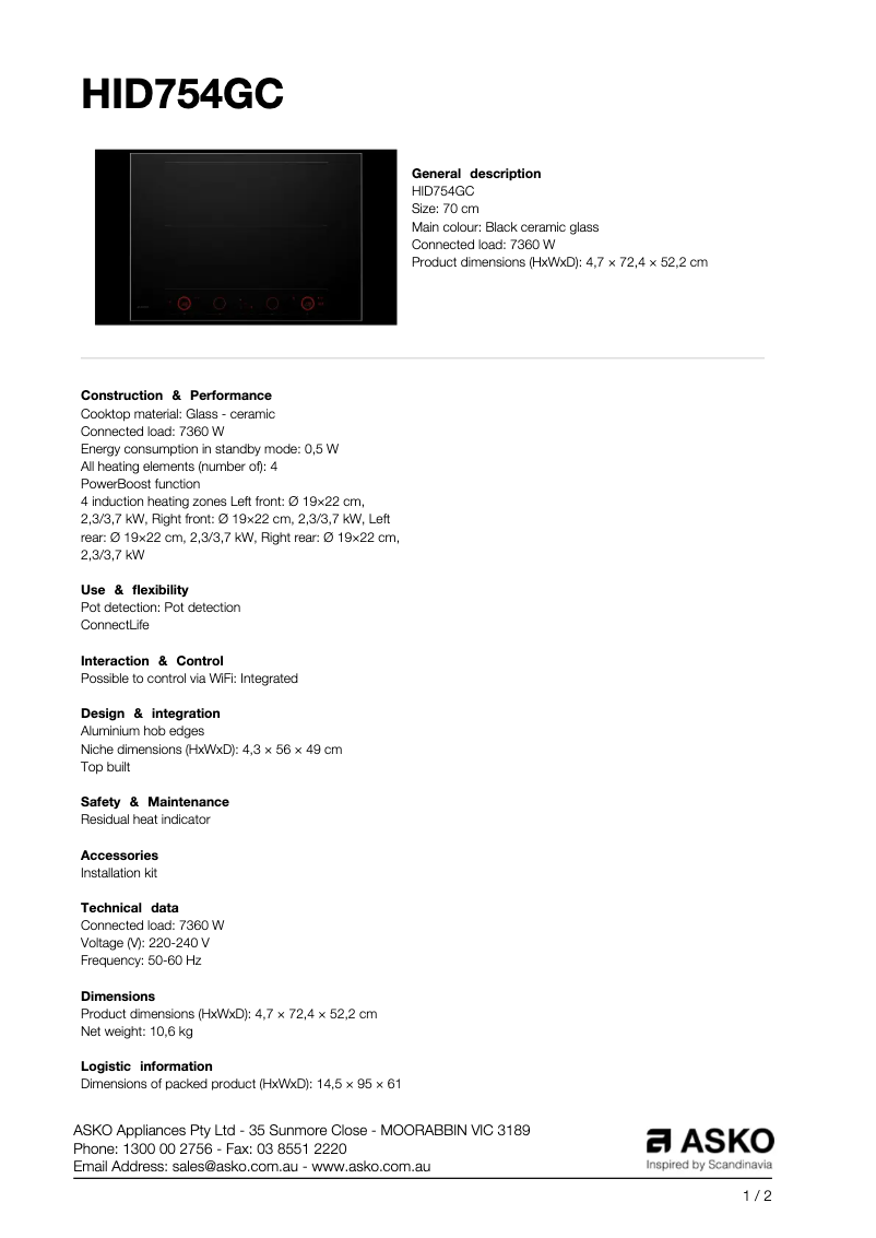 Page n°1 - Fiche technique Asko HID754GC