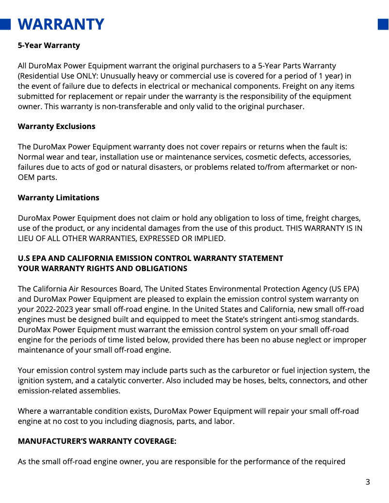 Page n°1 - Informations de garantie DuroMax XP16000iHT