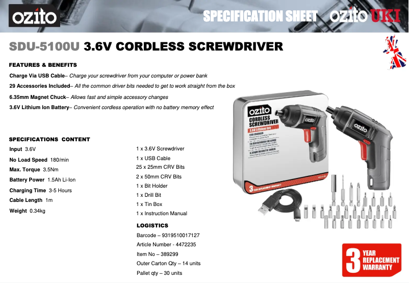 Page 1 de la notice Fiche technique Ozito SDU-5100U