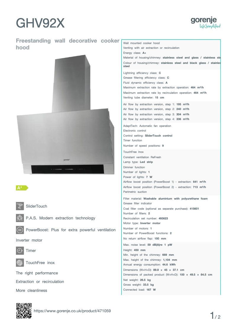 Page n°1 - Fiche technique Gorenje GHV92X