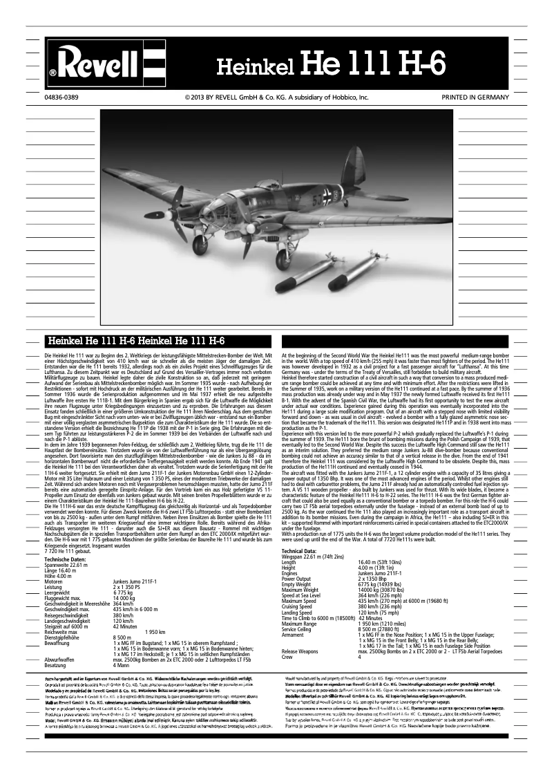Image de la première page du manuel de l'appareil Heinkel He 111 H-6