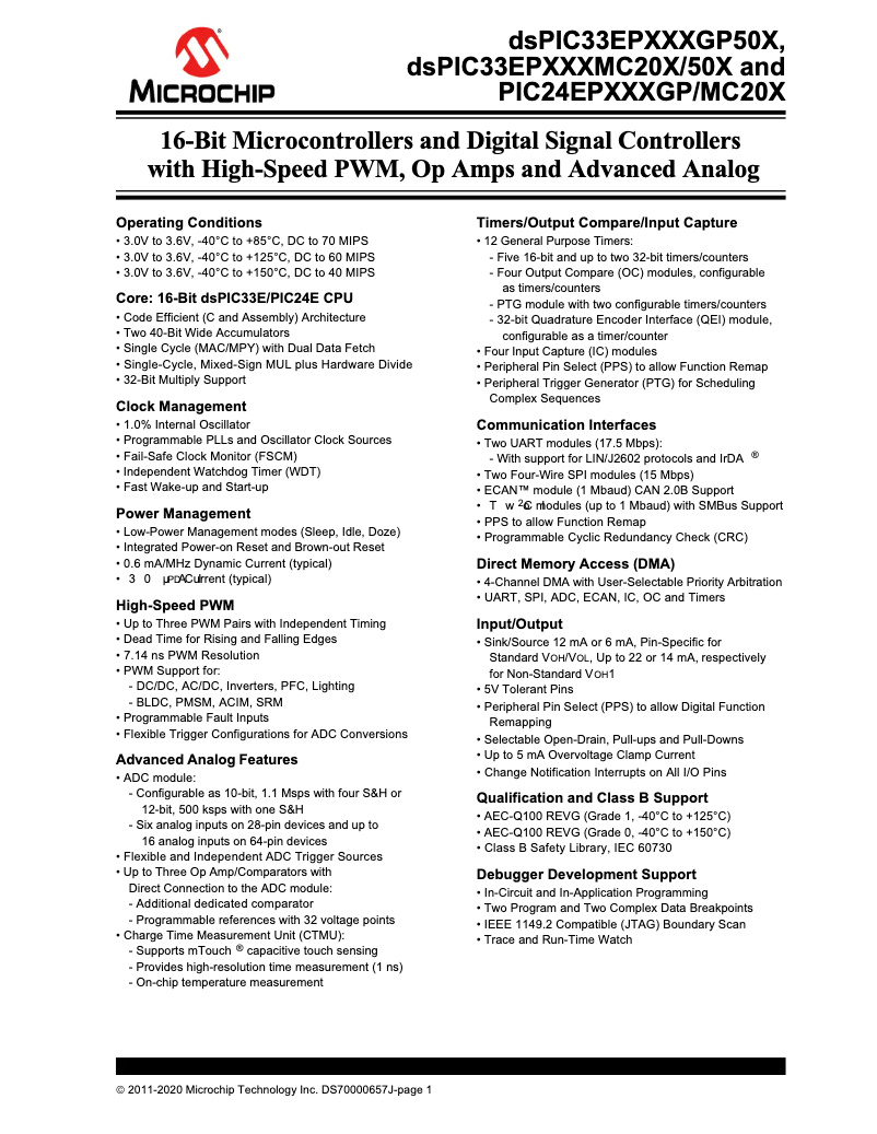 Page 1 de la notice Fiche technique Microchip dsPIC33EP32MC503