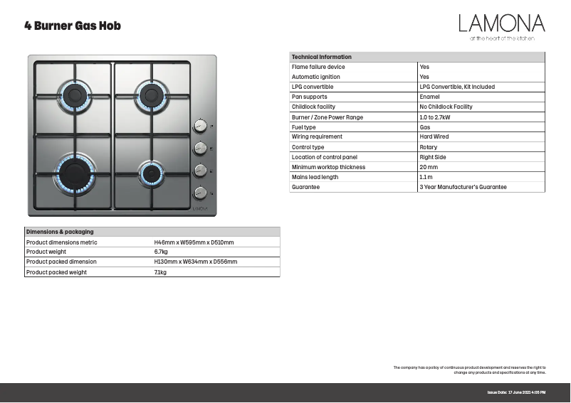 Page 1 de la notice Fiche technique Lamona LAM1009