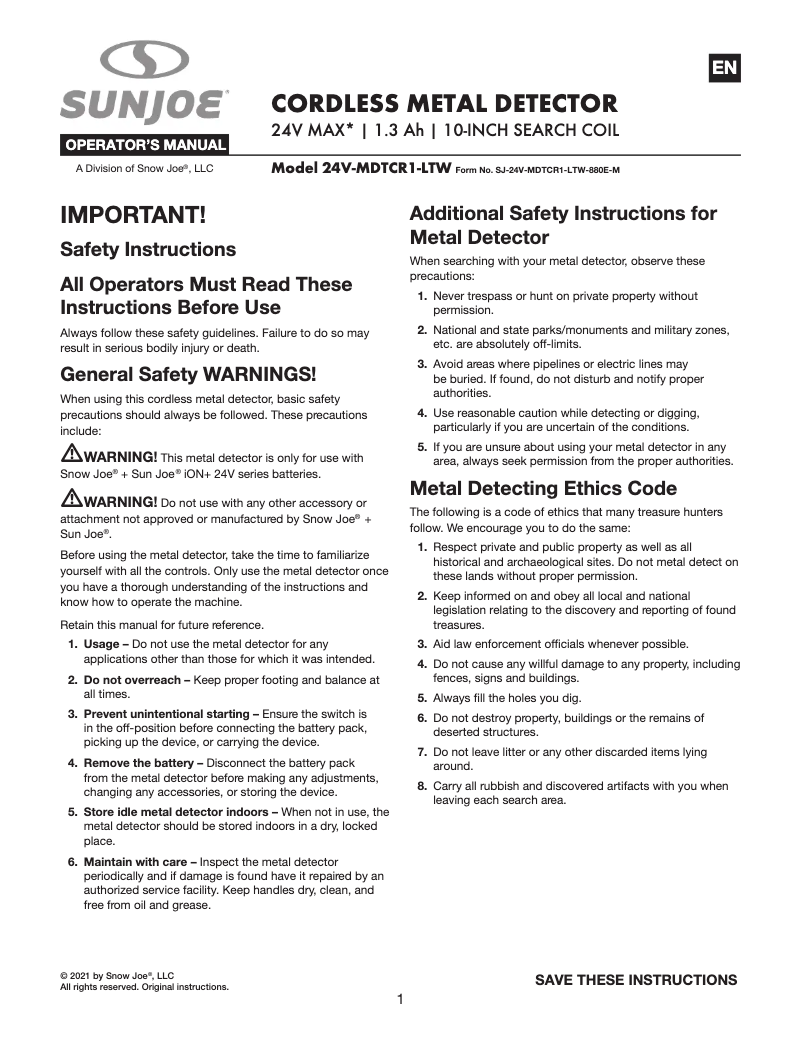 Página 1 del manual Manual de usuario Sun Joe 24V-MDTCR1-LTW