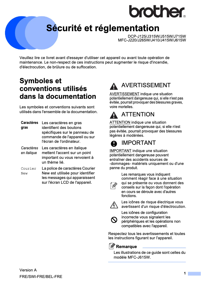 Page 1 de la notice Instructions de sécurité Brother MFC-J220