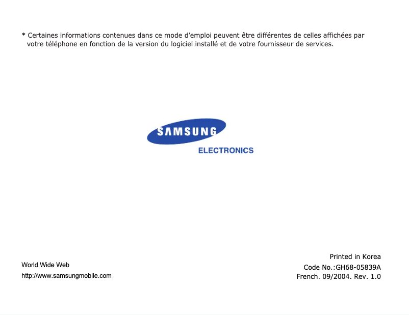 Page 1 de la notice Manuel utilisateur Samsung SGH-Z105U