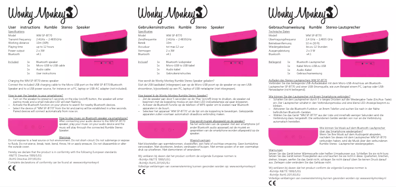 Page 1 de la notice Manuel utilisateur Wonky Monkey WM SP-BT70 Rumble Stereo