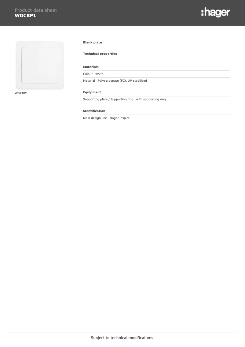 Page 1 de la notice Fiche technique Hager WGCBP1