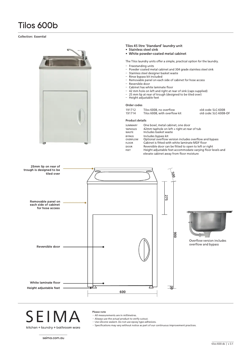 Page 1 de la notice Fiche technique Seima SLC-600B
