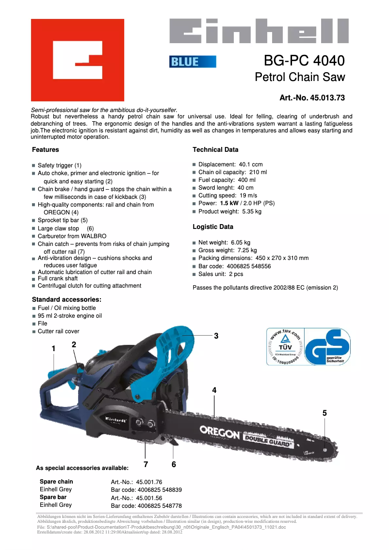 Page 1 de la notice Fiche technique Einhell BG-PC 4040