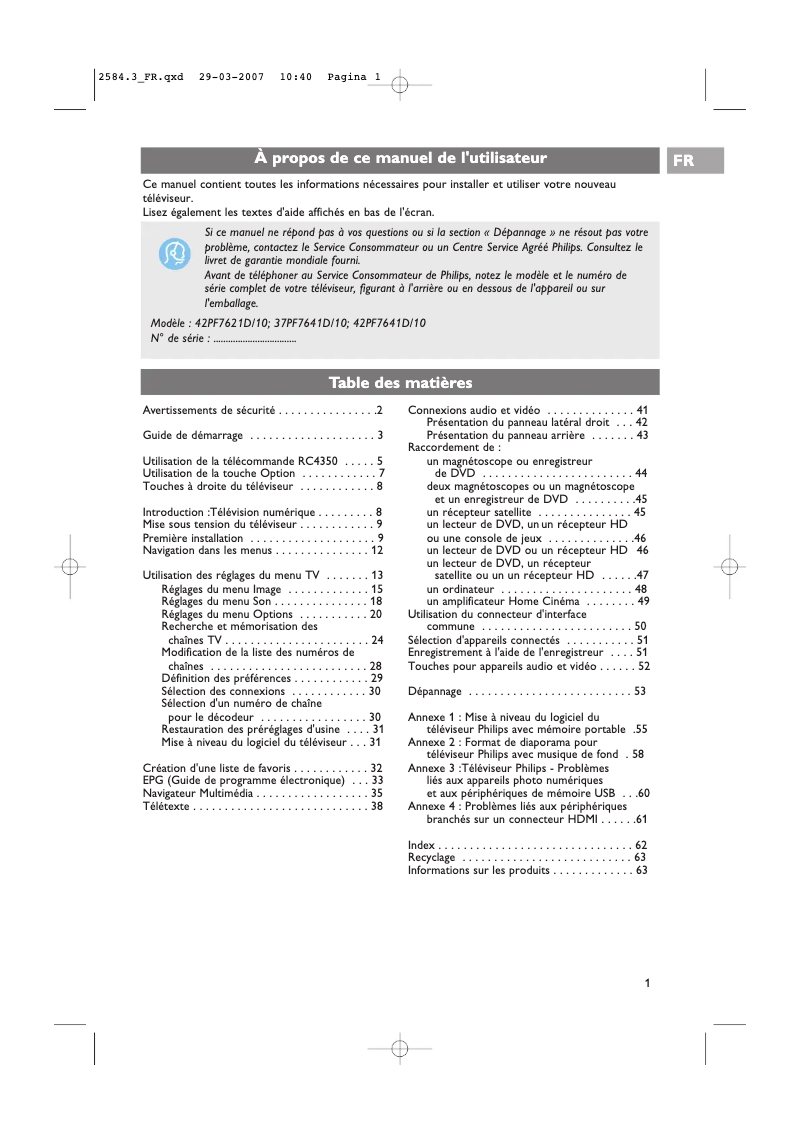 Image de la première page du manuel de l'appareil 42PF7621D