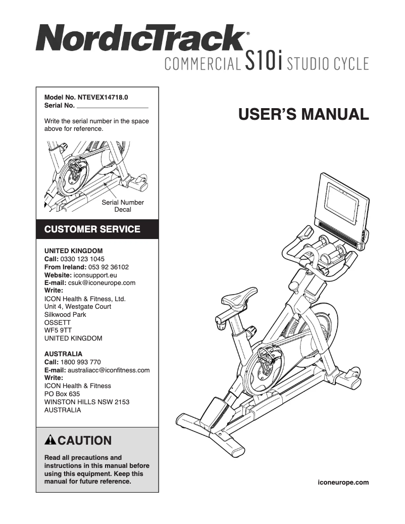Image de la première page du manuel de l'appareil Commercial S10 Studio Cycle
