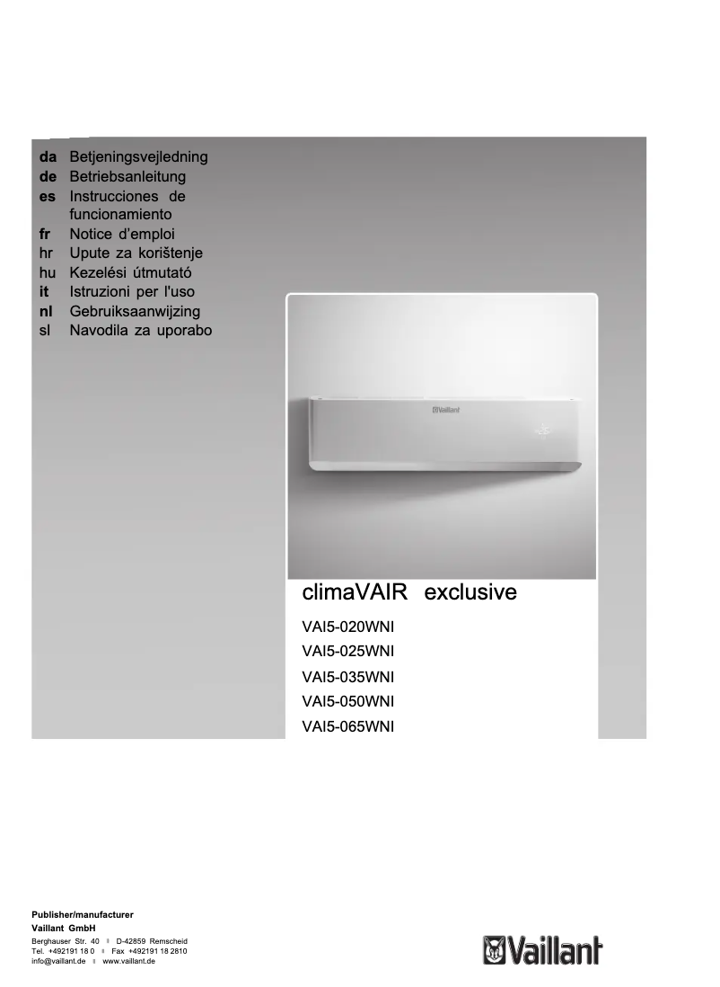 Page 1 de la notice Manuel utilisateur Vaillant climaVAIR exclusive VAI5-025WNI