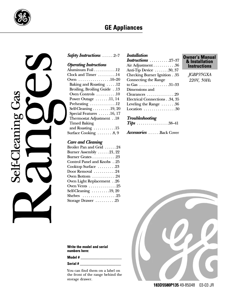 Image de la première page du manuel de l'appareil JGBP35GXAWW