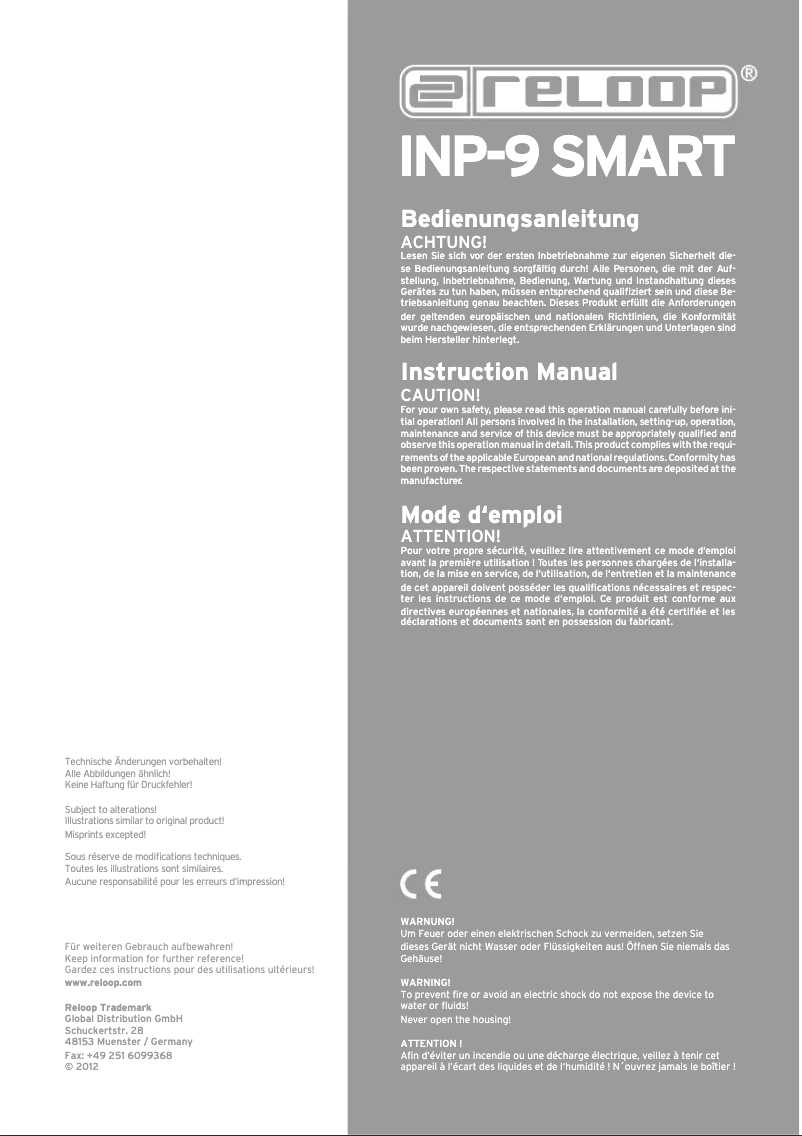 Page 1 de la notice Manuel utilisateur Reloop INP-9 Smart