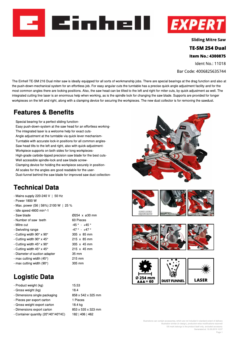 Page 1 de la notice Fiche technique Einhell TE-SM 254 Dual