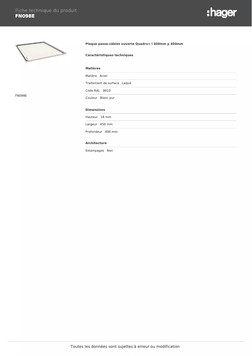 Page 1 de la notice Fiche technique Hager FN098E