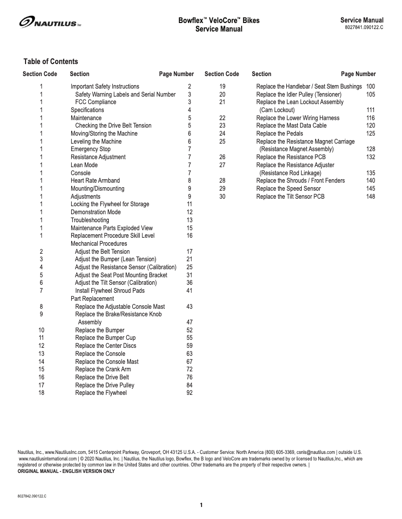 Page n°1 - Manuel utilisateur Bowflex VeloCore