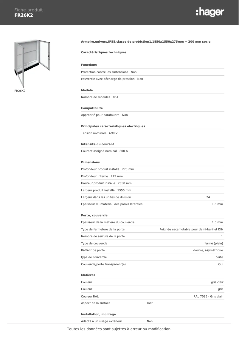 Page n°1 - Fiche technique Hager FR26K2
