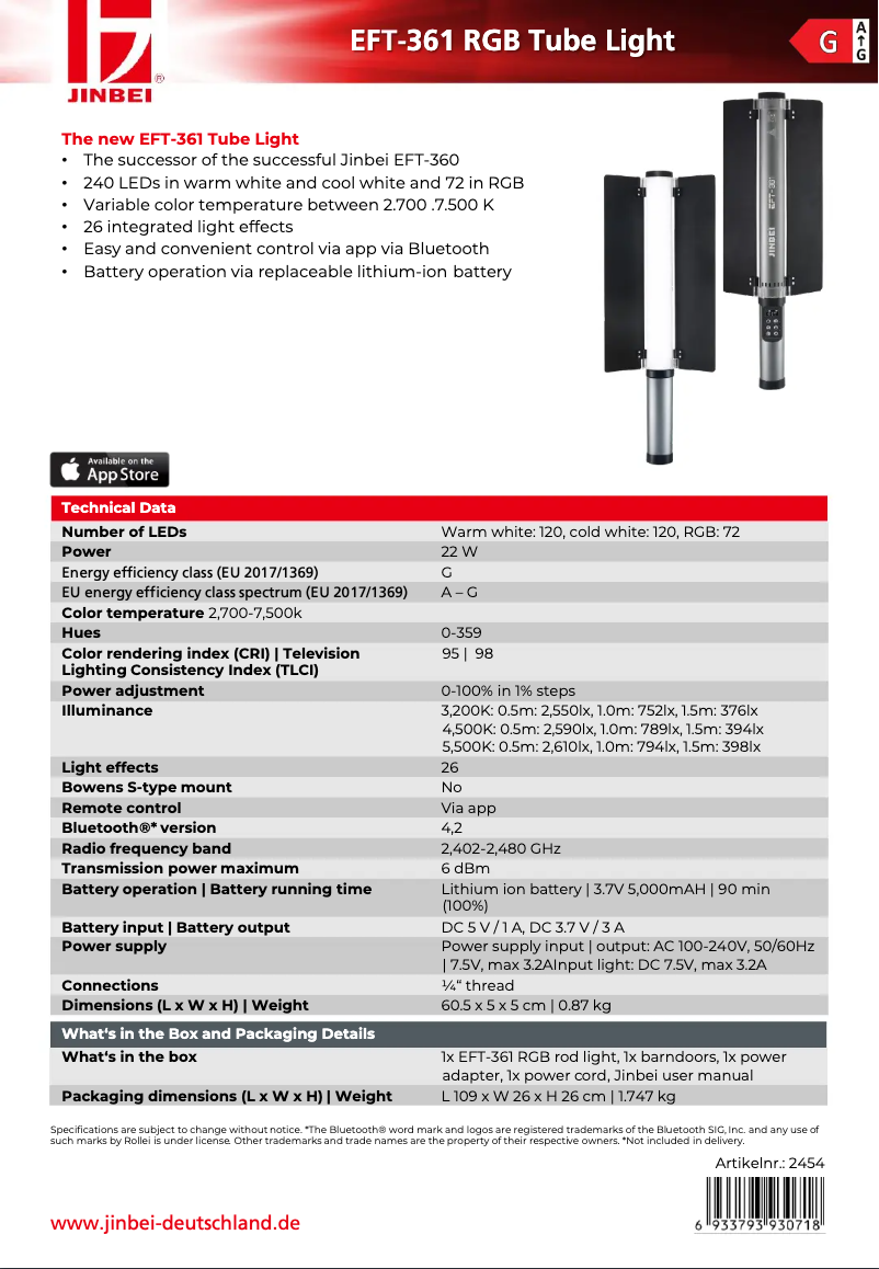 Page 1 de la notice Fiche technique Jinbei EFT-361 RGB
