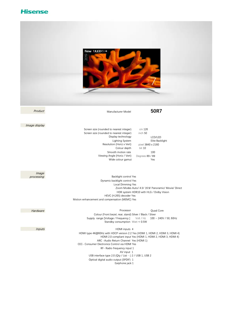 Page 1 de la notice Fiche technique Hisense 50R7
