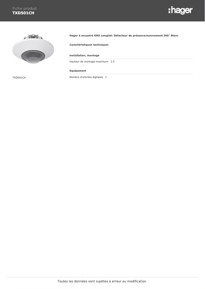 Page 1 de la notice Fiche technique Hager TXD501CH
