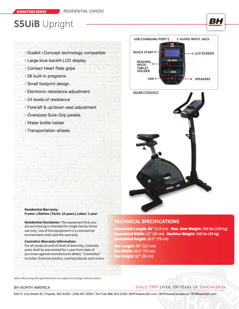 Page 1 de la notice Fiche technique BH Fitness S5UiB