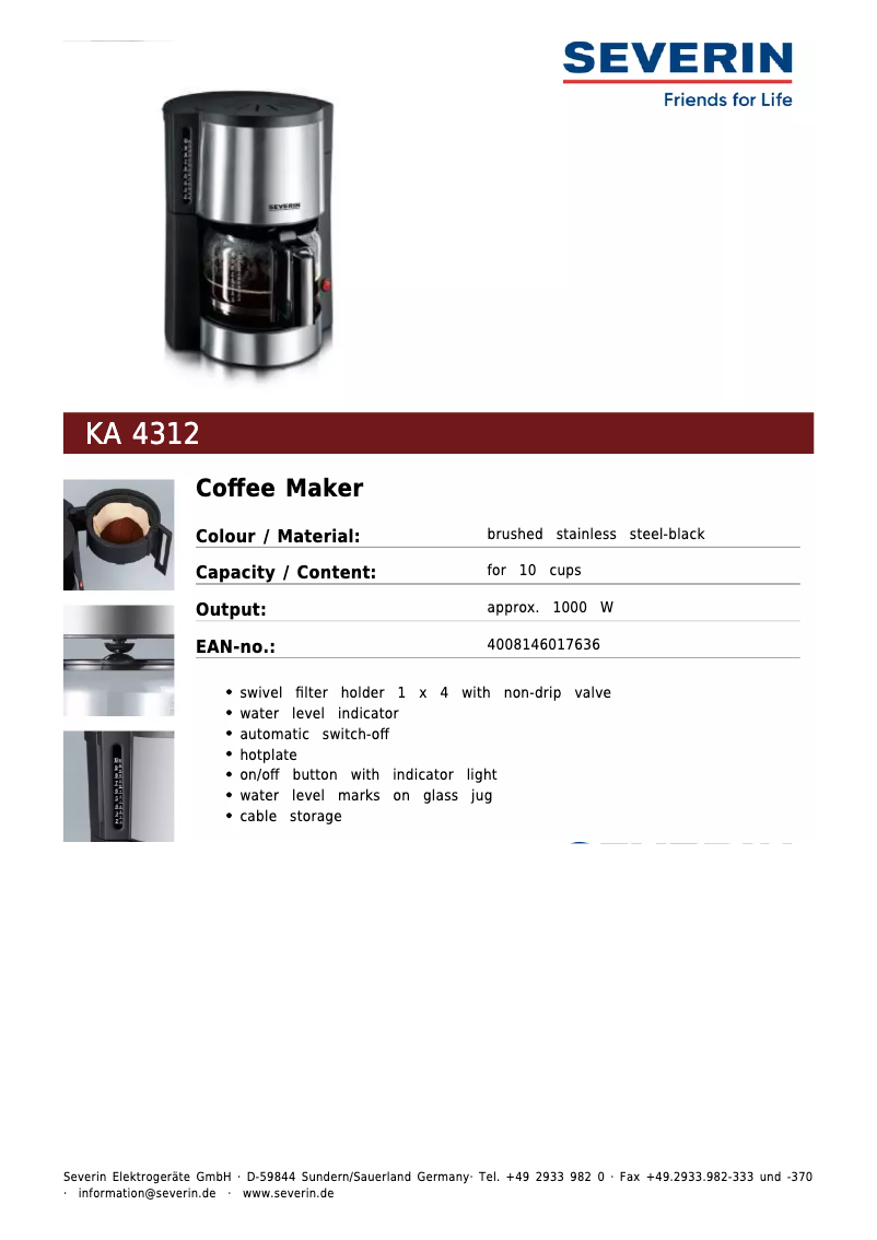 Page 1 de la notice Fiche technique Severin KA 4312