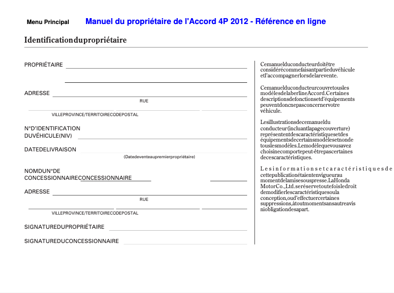 Page 1 de la notice Manuel utilisateur Honda Accord (2012)