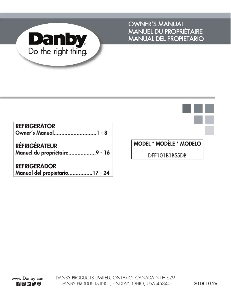 Page 1 de la notice Manuel utilisateur Danby DFF101B1BSSDB