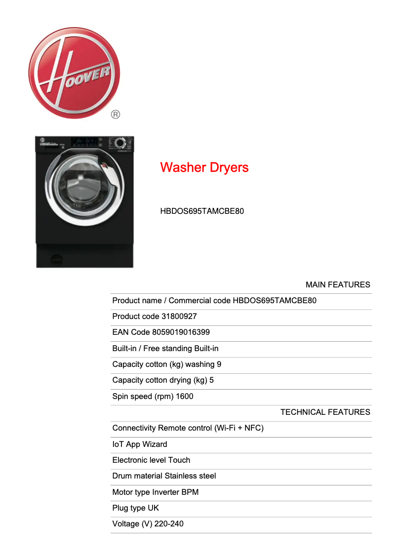 Page n°1 - Fiche technique Hoover HBDOS695TAMCBE80
