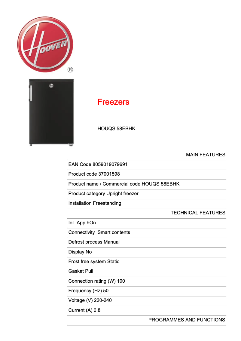 Page 1 de la notice Fiche technique Hoover HOUQS 58EBHK
