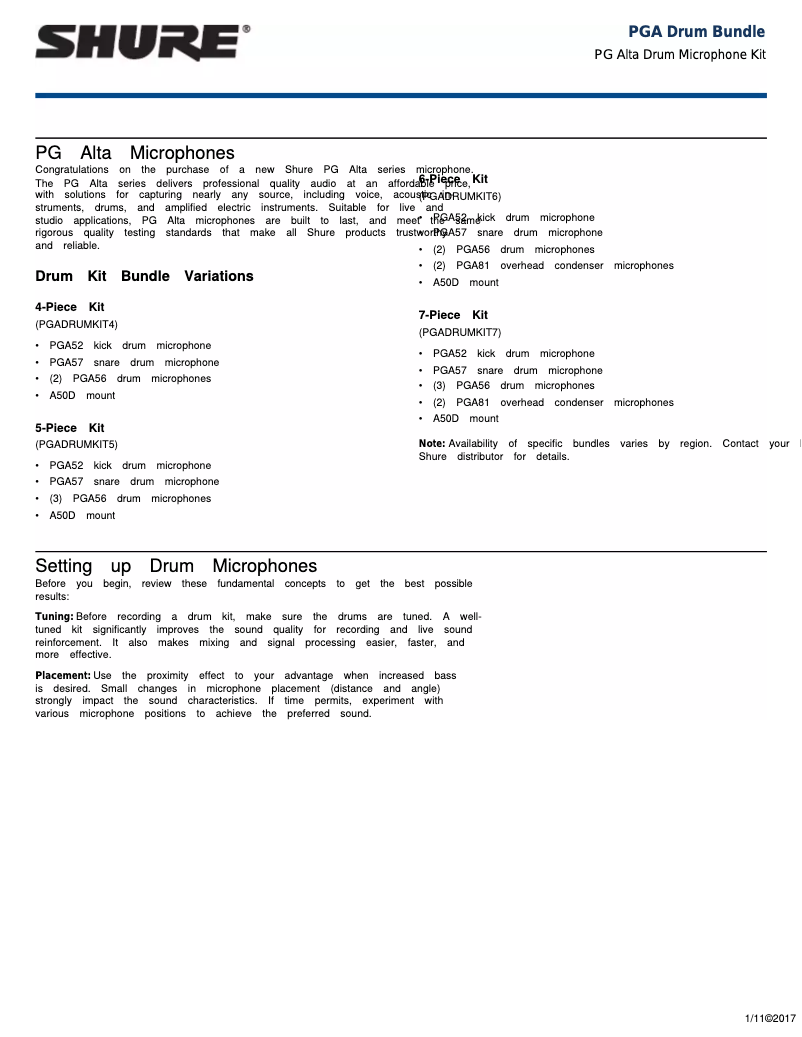 Page n°1 - Manuel utilisateur Shure PGA Drum Bundle