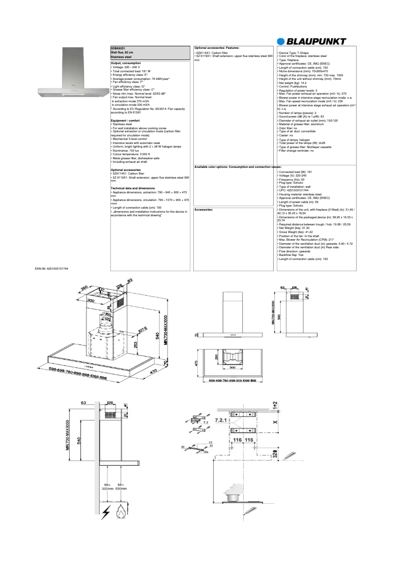 Page 1 de la notice Fiche technique Blaupunkt 5DB69251