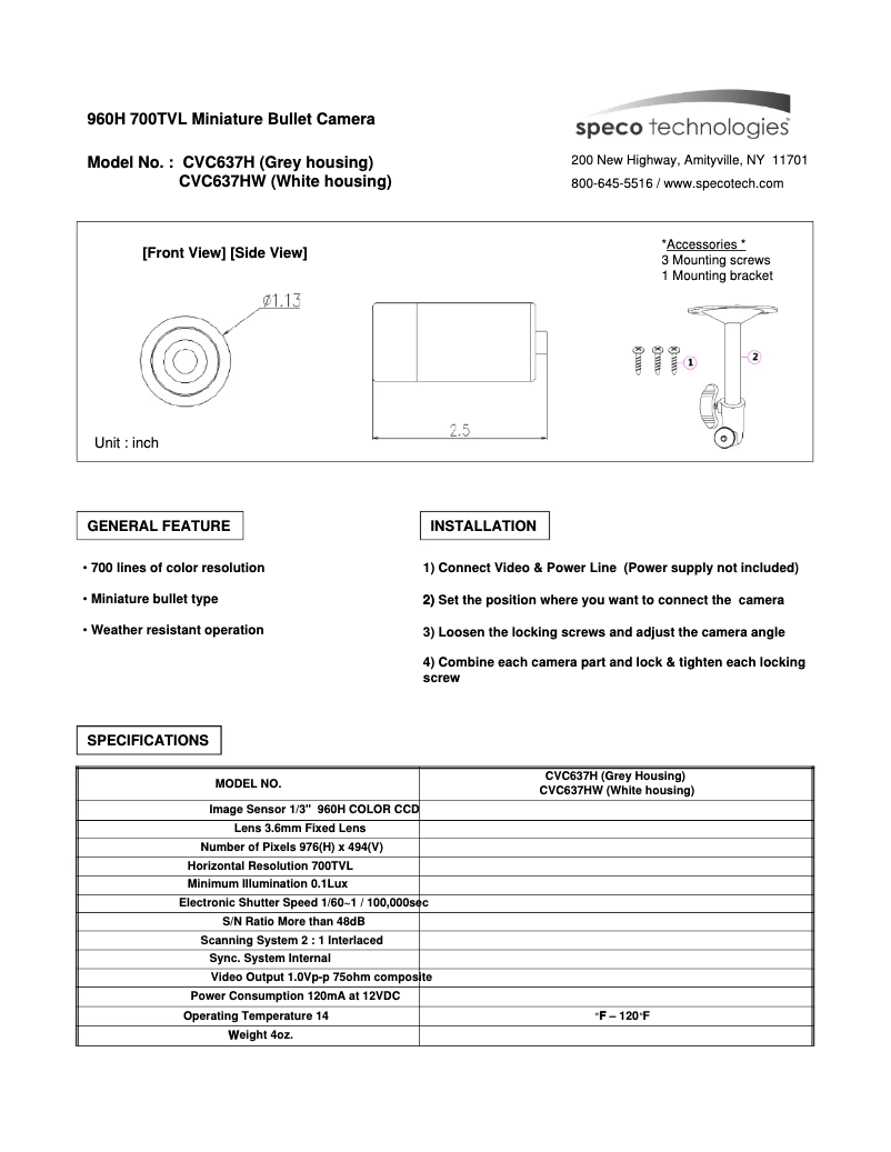 Page 1 de la notice Manuel utilisateur Speco Technologies CVC637H