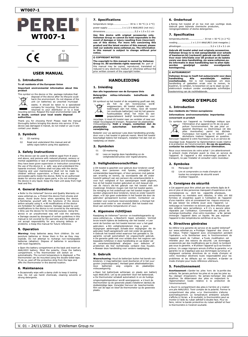 Page 1 de la notice Manuel utilisateur Perel WT007-1