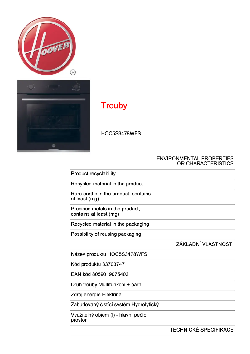 Page n°1 - Fiche technique Hoover HOC5S3478WFS