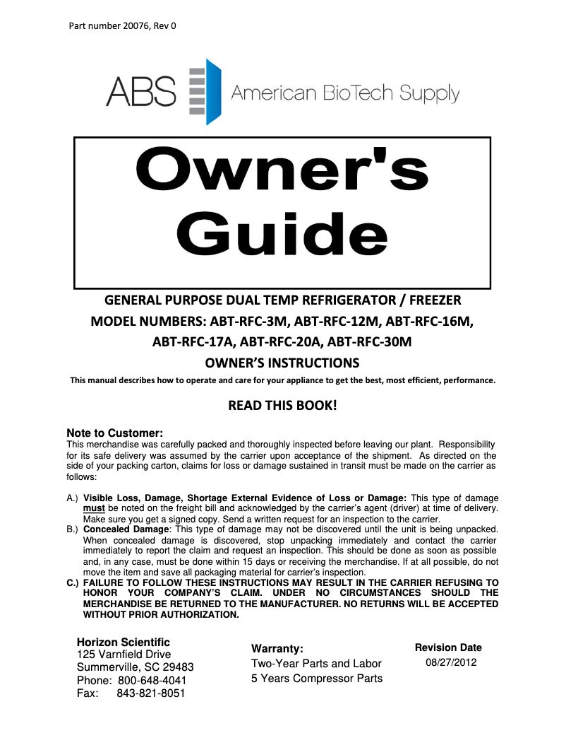 Page 1 de la notice Manuel d'utilisation et d'entretien American BioTech Supply ABT-RFC-3M